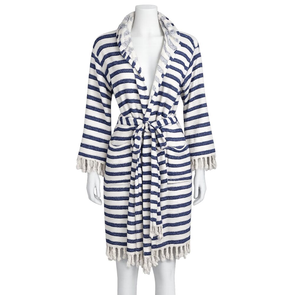 Handwoven Turkish Bamboo Cotton Hooded Robe Beach House Towels Navy Stripe M